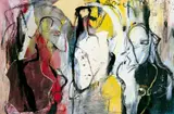 Tina Juretzek, Ohne Titel (Roter Strahl), Öl, Acryl, Lack und gerissene Papiere collagiert auf Leinwand