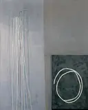 Jürgen Partenheimer, Campo Santo, Öl, Schellack und Graphit mit Papierstreifen collagiert auf Leinwand