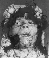 Leiche by Arnulf Rainer, Ölfarbe über Buchdruck nach einem Foto, auf festem glatten Papier, sold Jun 2005