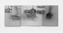 Garden Cellar by Douglas Swan, Triptychon: Acryl, Foto, Sand, Filzschreiber, Graphit u.a. auf Leinwand und Plexiglas, unter Plexiglas gerahmt, sold Jun 2005
