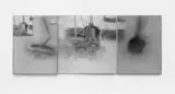 Douglas Swan, Garden Cellar, Triptychon: Acryl, Foto, Sand, Filzschreiber, Graphit u.a. auf Leinwand und Plexiglas, unter Plexiglas gerahmt