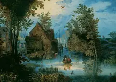 Jan Brueghel the Younger, DORFGRACHT MIT LANDUNGSSTEG UND ZIEHBRUNNEN., Öl auf Kupfer