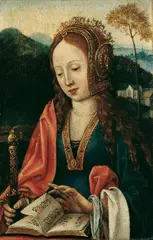 Bruges School, DIE HL. MARINA VOR DER KLOSTERPFORTE., Öl auf Holz (parkettiert)