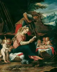 Camillo Procaccini, DIE HEILIGE FAMILIE IN DER SCHREINERWERKSTATT, VON ENGELN UMGEBEN., Öl auf Leinwand (doubliert)