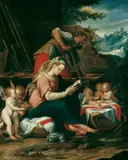 Camillo Procaccini, DIE HEILIGE FAMILIE IN DER SCHREINERWERKSTATT, VON ENGELN UMGEBEN., Öl auf Leinwand (doubliert)