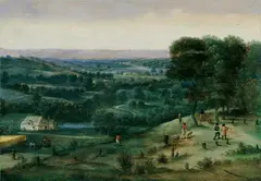 Abel Grimmer, WEITE LANDSCHAFT MIT JÄGERN., Öl auf Holz (parkettiert)