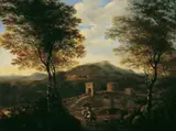 Guilliam (Willem) de Heusch, ITALIENISCHE LANDSCHAFT MIT REISENDEN IN DER NÄHE DER ÜBER DEN ANIENE FÜHRENDEN PONTE LUCANO., Öl auf Holz