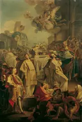 zugeschrieben Jean-Baptiste Henri Deshayes, DER LANGOBARDENKÖNIG LIUTPRAND ÜBERFÜHRT DIE VON DEN SARAZENEN BEDROHTEN RELIQUIEN DES HL., Öl auf Leinwand (doubliert)