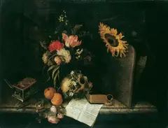 Maria van Oosterwijck, VANITAS-STILLEBEN., Neben den auf einer Marmorplatte arrangierten Gegenständen ein Zettel, auf dem jedes Objekt einer Bibelstelle zugeordnet wird