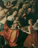 Nachfolge Pieter Pourbus, DIE HEILIGE FAMILIE VON ENGELN UMGEBEN., Öl auf Leinwand (doubliert)