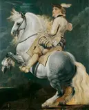 Umkreis Peter Paul Rubens, BILDNIS EINES REITERS AUF EINEM SCHIMMEL., Öl auf Holz (verso die Antwerpener Stadtmarke)