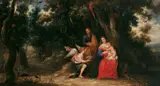 Umkreis Peter Paul Rubens, DIE RAST DER HEILIGEN FAMILIE AUF DER FLUCHT NACH ÄGYPTEN., Öl auf Leinwand (doubliert)