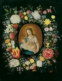 Umkreis Daniel Seghers, EIN BLUMENKRANZ UM EINE KARTUSCHE MIT DARSTELLUNG VON MADONNA UND KIND., Öl auf Kupfer