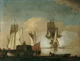 Willem van de Velde the Younger, BRITISCHE KRIEGSSCHIFFE IN KÜSTENNÄHE., Öl auf Leinwand, auf Holz aufgezogen (parkettiert)