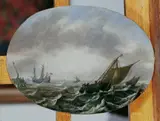 Justus de Verwer, SEGELSCHIFFE AUF BEWEGTER SEE IN KÜSTENNÄHE., Öl auf Holz
