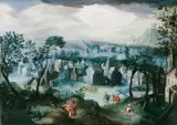 Flemish School, WEITE LANDSCHAFT MIT EINER STADT UND ELEGANTEN SPAZIERGÄNGERN., Öl auf Kupfer