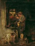Anton Burger, WIRTSHAUSINTERIEUR MIT EINEM JÄGER UND ZWEI HUNDEN., Öl auf Holz