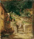 Jakob Fürchtegott Dielmann, VOR EINEM BAUERNHAUS EIN AUF STUFEN SITZENDER SPITZ., Öl auf Leinwand