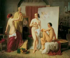 French School, IM ATELIER DES MALERS oder "DIE DREI GRAZIEN"., Öl auf Leinwand (doubliert)
