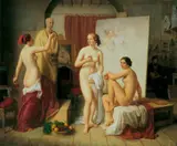 French School, IM ATELIER DES MALERS oder "DIE DREI GRAZIEN"., Öl auf Leinwand (doubliert)