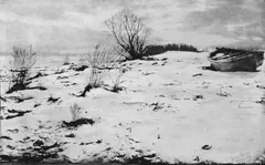 Theodor und Oscar Hofmeister, Elbstrand im Schnee, Gummidruck, stellenweise mit Tusche und Kohlestift überarbeitet