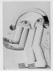 Figur München 1972-1972 by Horst Antes, Collage, Bleistift und Gouache über farbiger Offsetlithographie auf elfenbeinfarbenem Maschinenpapier, sold Dec 2004