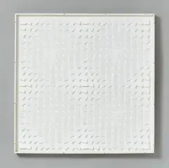 Hartmut Böhm, Relief 18° / 18°, Weiße Kunststoffelemente (Astralon) auf weißer Holzplatte in Original-Objektkasten