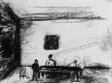 Enzo Cucchi, Ohne Titel, Kohle auf chamoisfarbenem Velin