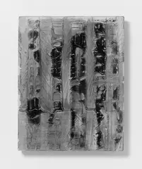 Ohne Titel (Reliefbild) by Herbert Zangs, Rote und weiße Farbe mit Gips vermischt auf Holz, sold Dec 2004