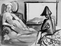 Curth Georg Becker, Interieur mit erschrockener Frau, Aquarell und Deckfarben auf elfenbeinfarbenem Bütten