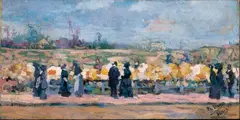 Richard Bloos, Französische Landschaft mit Blumenstand, Öl auf Leinwand