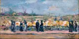 Richard Bloos, Französische Landschaft mit Blumenstand, Öl auf Leinwand