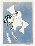 Georges Braque, Profil sur fond bleu, Farbiger Holzstich auf gelblichem leicht genarbten Velin