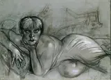 Otto Dix, Liegender weiblicher Akt (Karton zu "Liegende auf Pantherfell"), Kohle, Kreide und Tuschpinsel, weiß gehöht, auf grauem Tonpapier