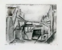 Abgebrochenes Haus by Lyonel Feininger, Kohlezeichnung, gewischt, auf elfenbeinfarbenem Bütten, sold Dec 2004