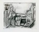 Lyonel Feininger, Abgebrochenes Haus, Kohlezeichnung, gewischt, auf elfenbeinfarbenem Bütten
