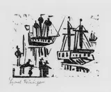 Lyonel Feininger, Angler und Schiffe, Original-Holzschnitt auf dünnem Japanbütten