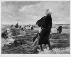 Die Netzflickerinnen by Max Liebermann, Farbradierung von Franz August Börner nach dem gleichnamigen Gemälde von Max Liebermann, mit Aquarell und Gouache ausgie, sold Dec 2004