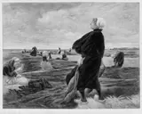 Max Liebermann, Die Netzflickerinnen, Farbradierung von Franz August Börner nach dem gleichnamigen Gemälde von Max Liebermann, mit Aquarell und Gouache ausgiebig überarbeitet. Auf dickem glatten Papier
