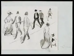 Spaziergänger by August Macke, Schwarze Kreidezeichnung, grau laviert auf chamoisfarbenem, leicht strukturiertem Papier, sold Dec 2004
