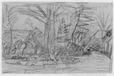 Otto Modersohn, Dorflandschaft mit Teich, Kreidezeichnung, mit Rotstift koloriert, auf einfachem, leicht bräunlichen Zeichenpapier