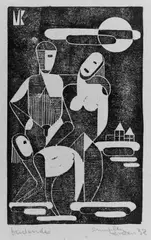 Erich Müller-Kraus, Badende, Original-Linolschnitt auf olivgrünem Velin