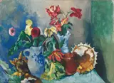 Heinrich Nauen, Stilleben mit Herbstblumen und Westerwälder Krug, Tempera auf Karton, auf Leinwand aufgezogen