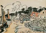 Max Pechstein, Fischerdorf an der Kurische Nehrung, Aquarell und Tuschpinselzeichnung auf elfenbeinfarbenem Bütten