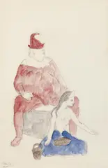 Pablo Picasso, Saltimbanque et jeune fille, Aquarell und Kohlezeichnung auf glattem dünnen Papier, auf Karton aufgezogen