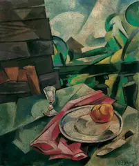 Ivan Puni, Stilleben vor Landschaft, Öl auf Papier auf Karton
