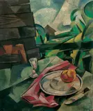 Ivan Puni, Stilleben vor Landschaft, Öl auf Papier auf Karton