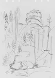 Hans Purrmann, 4 Landschaftskizzen, Aquarell, Tuschfeder-, Bleistiftzeichnung auf weißem Zeichenblockpapier mit perforiertem Rand