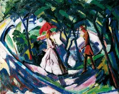 Hans Thuar, Begegnung im Park, Öl auf Holz