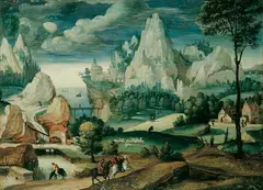 Lucas Gassel, PHANTASTISCHE KÜSTENLANDSCHAFT MIT REITERN UND HIRTENSTAFFAGE., Öl auf Holz